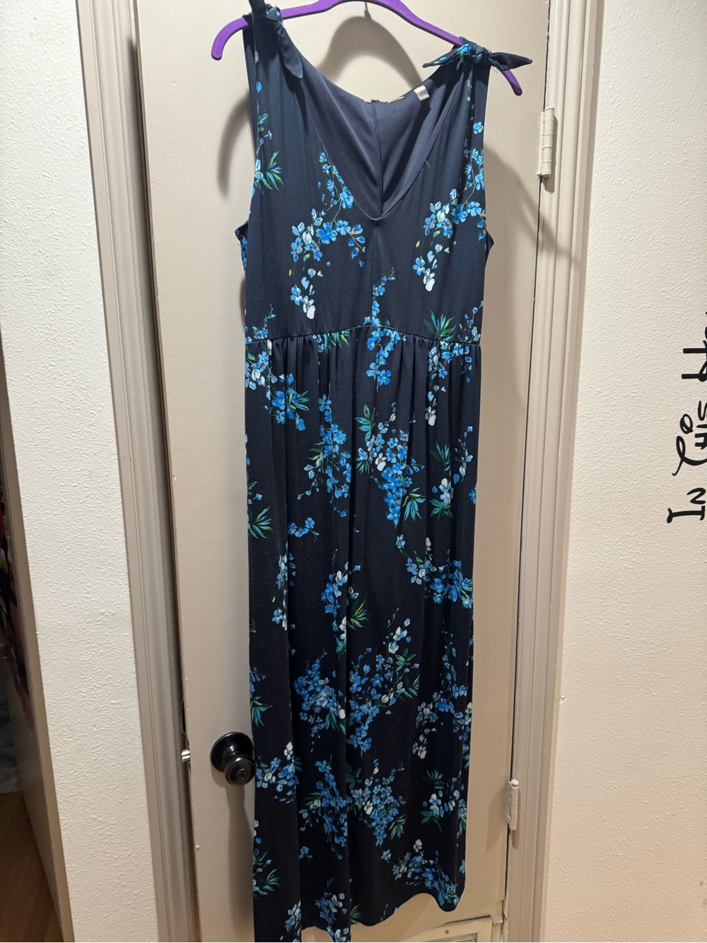 Navy Blue Floral Tie-Shoulder Maxi Dress